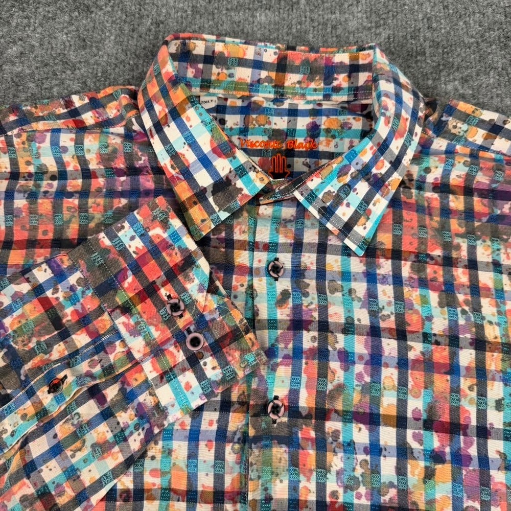 Luchiano‎ Visconti Black Paint Splatter Plaid Shirt Mens 2XLT Multi Cotton EUC